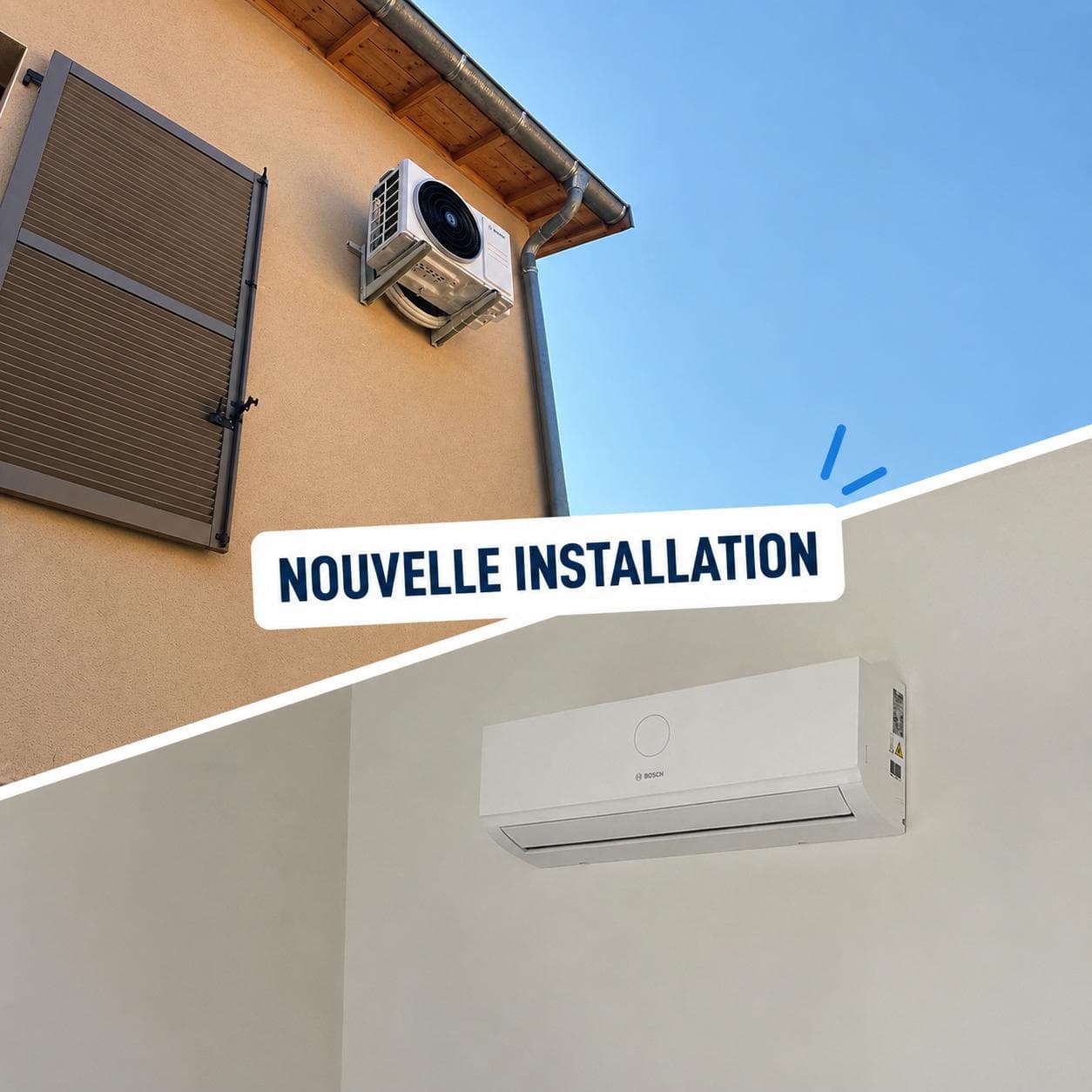 Climatisation installée : unité extérieure en façade et split mural intérieur
